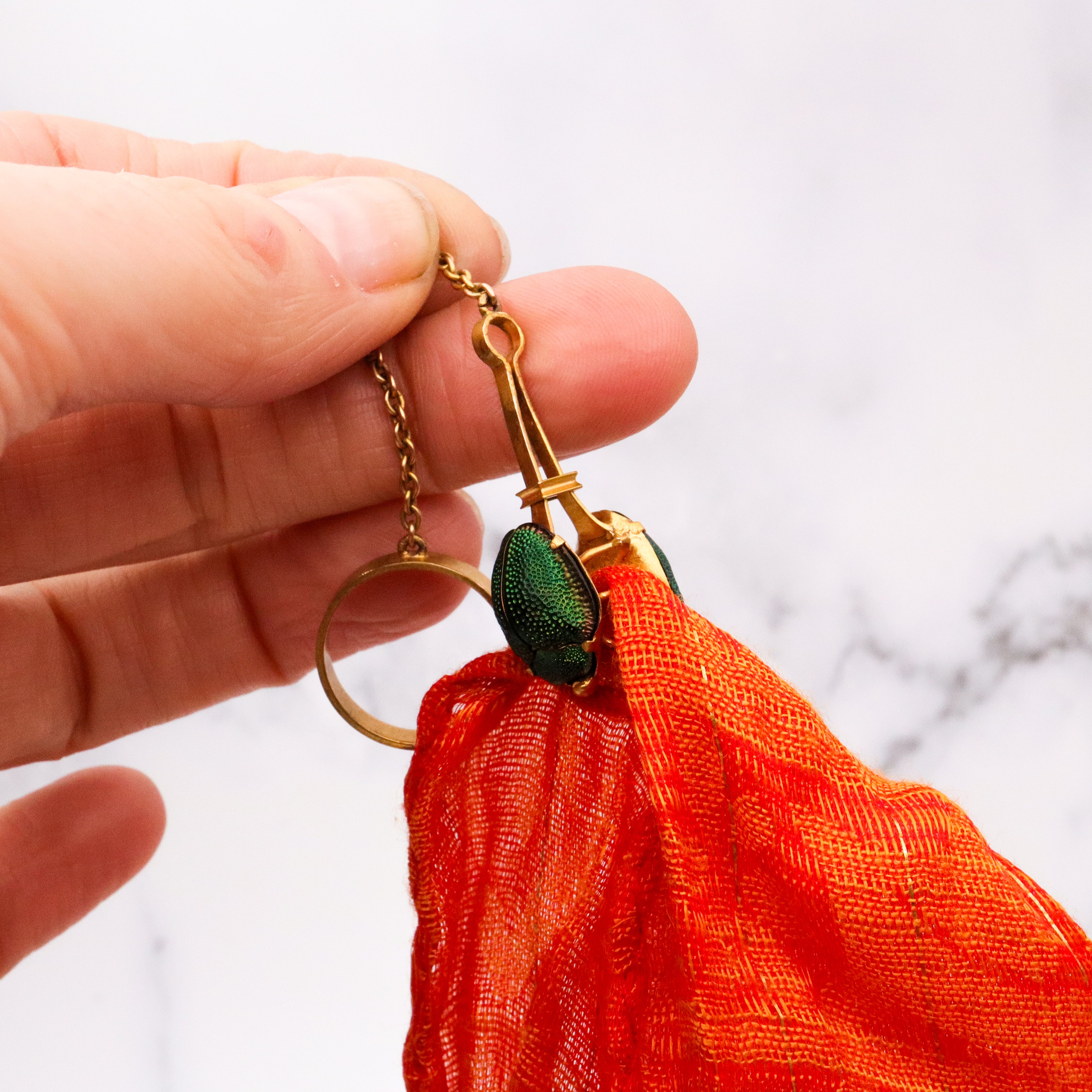 rare antique Egyptian Revival 14k gold scarab beetle handkerchief holder with ring